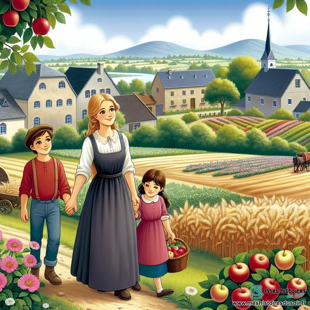 Une illustration destinée aux enfants représentant une femme agricultrice passionnée, accompagnée d'une fille et d'un garçon, travaillant ensemble dans une ferme verdoyante de Champfleur remplie de champs de blé, de vergers de pommes et de jardins fleuris.