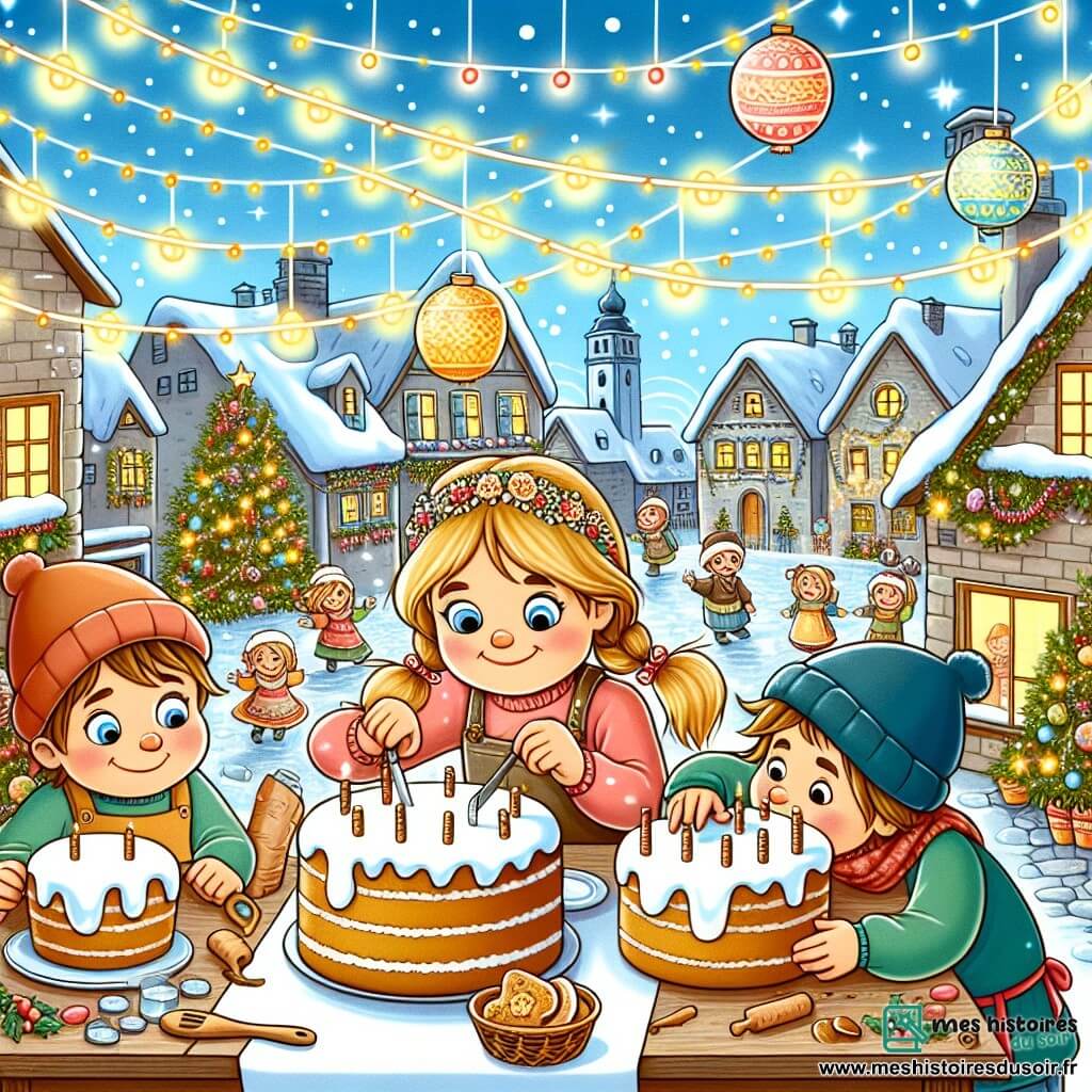 Une illustration destinée aux enfants représentant une fillette espiègle préparant des gâteaux pour la fête du nouvel an, accompagnée de ses amis, sur une place du village illuminée de guirlandes scintillantes et de ballons colorés.