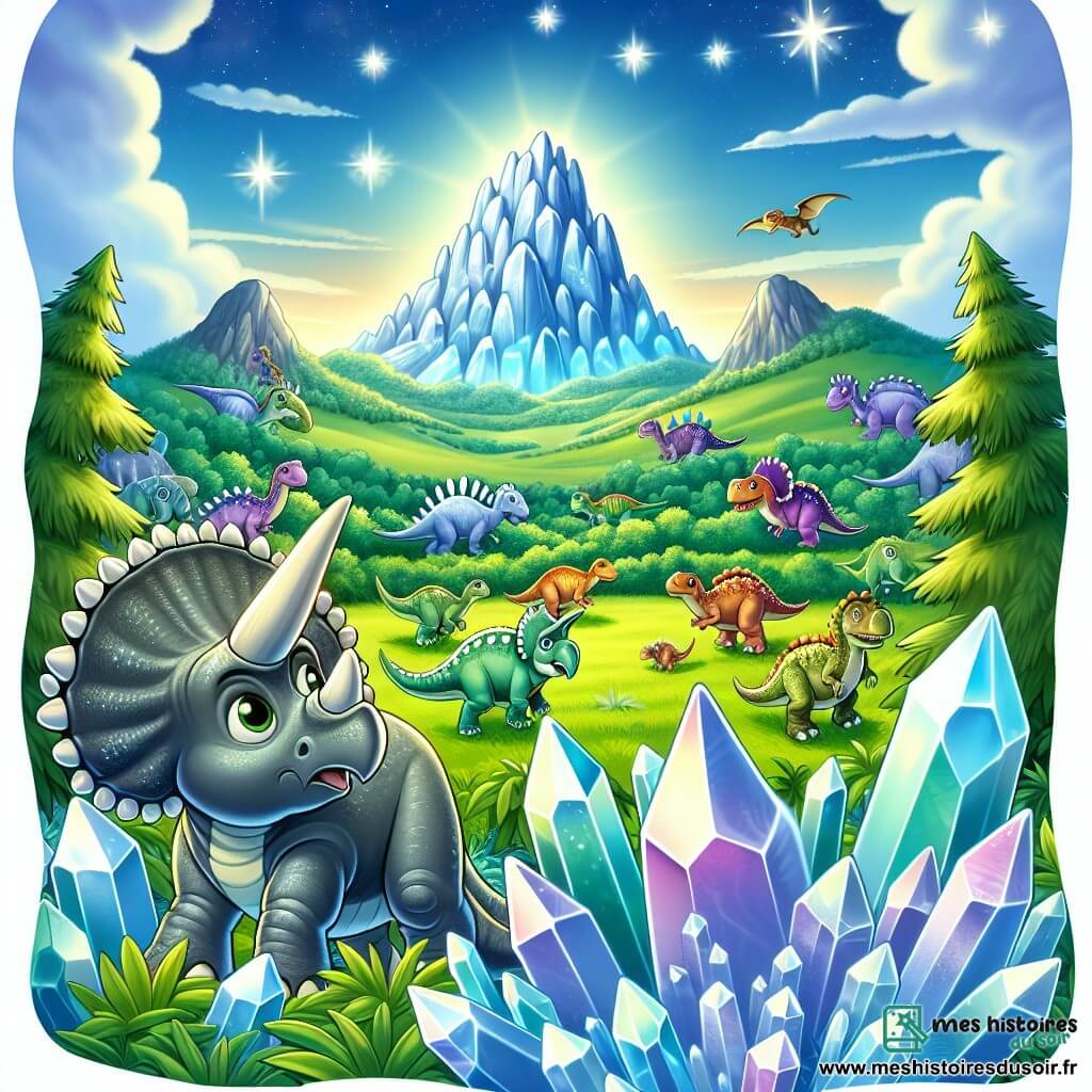 Une illustration destinée aux enfants représentant un tricératops curieux, une montagne aux cristaux brillants, un T-Rex perdu et une vallée verdoyante peuplée de dinosaures de toutes sortes.