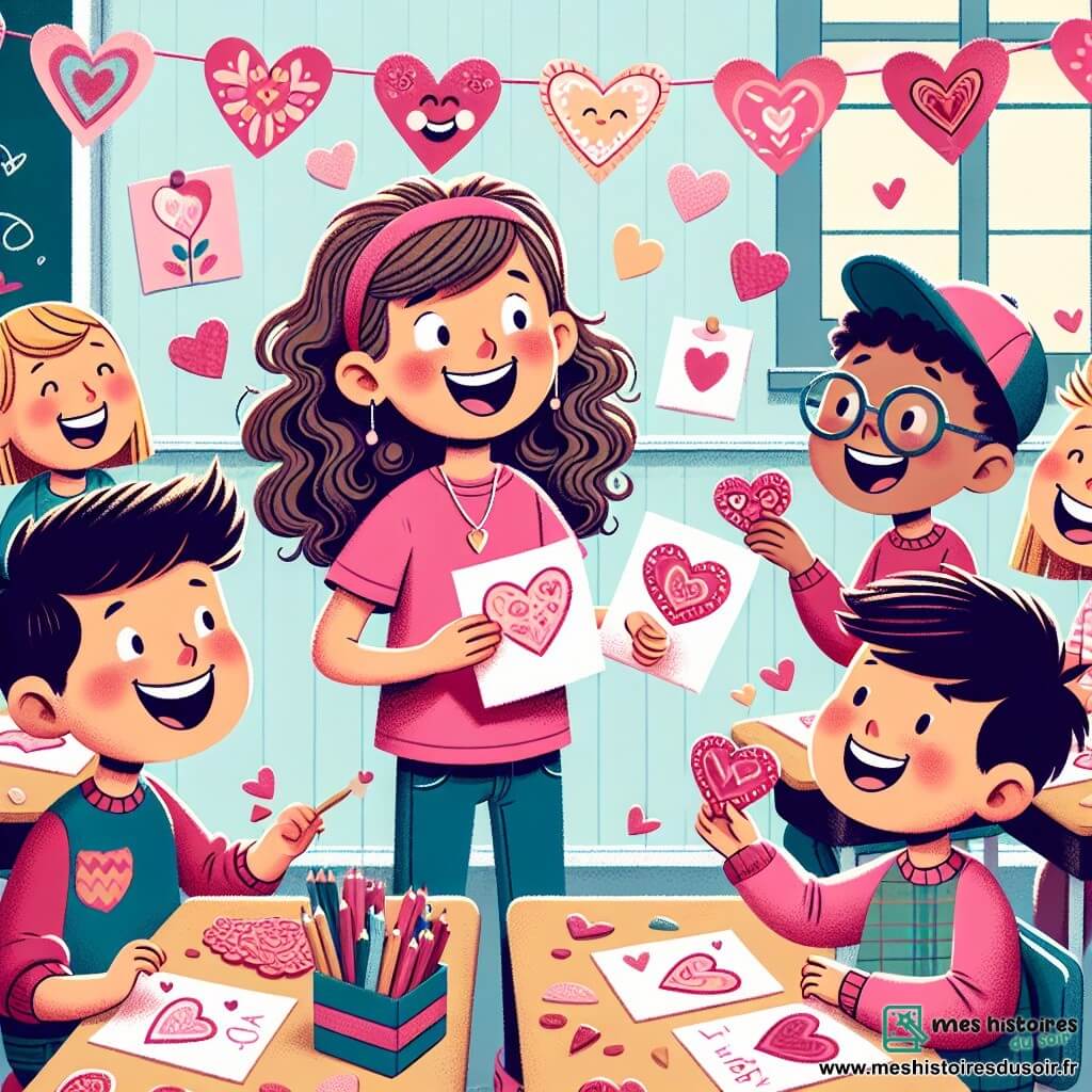 Une illustration sous forme de dessin destinée aux enfants représentant une salle de classe colorée et animée, avec des décorations de Saint-Valentin en papier, où une fille de 12 ans aux cheveux bruns et bouclés, portant un t-shirt rose et un jean, sourit joyeusement en distribuant des cartes faites main à ses camarades, dont un garçon aux lunettes et un autre avec une casquette, tous deux riant et s'échangeant des biscuits en forme de cœur, illustrant l'esprit de partage et d'amitié qui règne pendant cette fête.