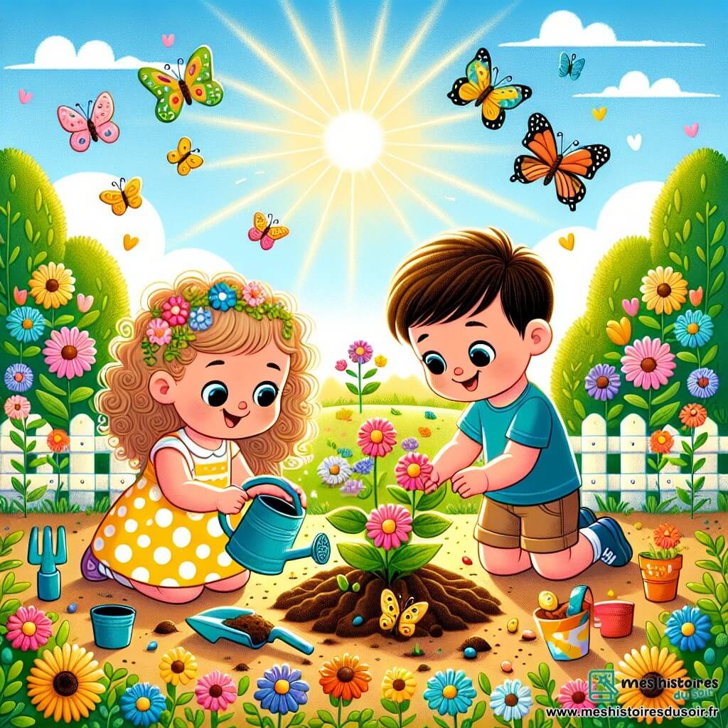 Illustration destinée aux enfants représentant un jardin ensoleillé, rempli de fleurs colorées et de papillons virevoltant dans l'air. Au centre, un groupe de deux enfants de 5 ans, une fille aux cheveux bouclés et blonds, portant une robe jaune à pois, et un garçon aux cheveux bruns et courts, vêtu d'un t-shirt bleu et de shorts. Ils sont en train de planter des graines dans la terre, avec des sourires radieux sur leurs visages. Autour d'eux, des outils de jardinage colorés, comme une petite pelle et un arrosoir, ajoutent une touche joyeuse à la scène. En arrière-plan, un ciel bleu clair et des arbres verdoyants complètent ce tableau d'été enchanteur.