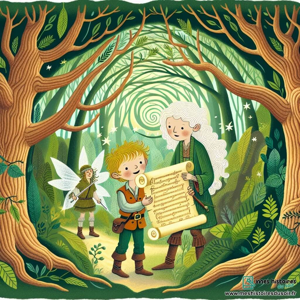 Une illustration destinée aux enfants représentant un jeune garçon intrépide découvrant un mystérieux parchemin, guidé par une dryade enchantée, dans une forêt dense aux arbres centenaires formant des voûtes mystiques au-dessus de sa tête.