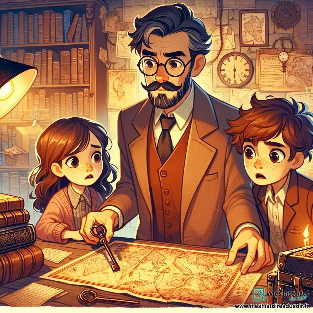 Une illustration sous forme de dessin destinée aux enfants représentant un bureau de détective chaleureux, rempli de livres anciens et de cartes, où un homme à la quarantaine, portant des lunettes rondes et une moustache soignée, examine attentivement une vieille carte avec une clé en fer à la main, tandis qu'une jeune fille aux cheveux châtains et aux taches de rousseur, visiblement inquiète, observe avec espoir, et un jeune garçon aux cheveux ébouriffés, curieux et excité, pointe du doigt un coffre mystérieux rempli de trésors, le tout dans une ambiance d'aventure et de mystère.