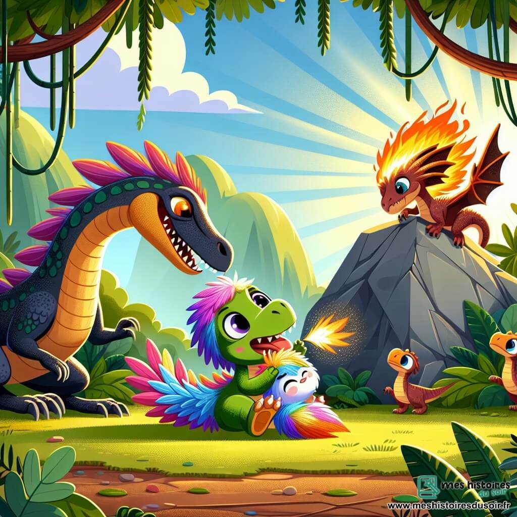 Une illustration sous forme de dessin destinée aux enfants représentant une jungle luxuriante avec des feuillages verts éclatants et des rayons de soleil filtrant à travers les arbres, où un petit vélociraptor au plumage coloré et aux yeux pétillants, en train de chatouiller un dragon aux écailles scintillantes et au souffle de feu, se tient devant un gros rocher, tandis qu'une famille de vélociraptors, avec des expressions inquiètes, observe la scène depuis l'arrière-plan, illustrant le moment où le courageux dinosaure tente de sauver sa famille d'un dragon menaçant.