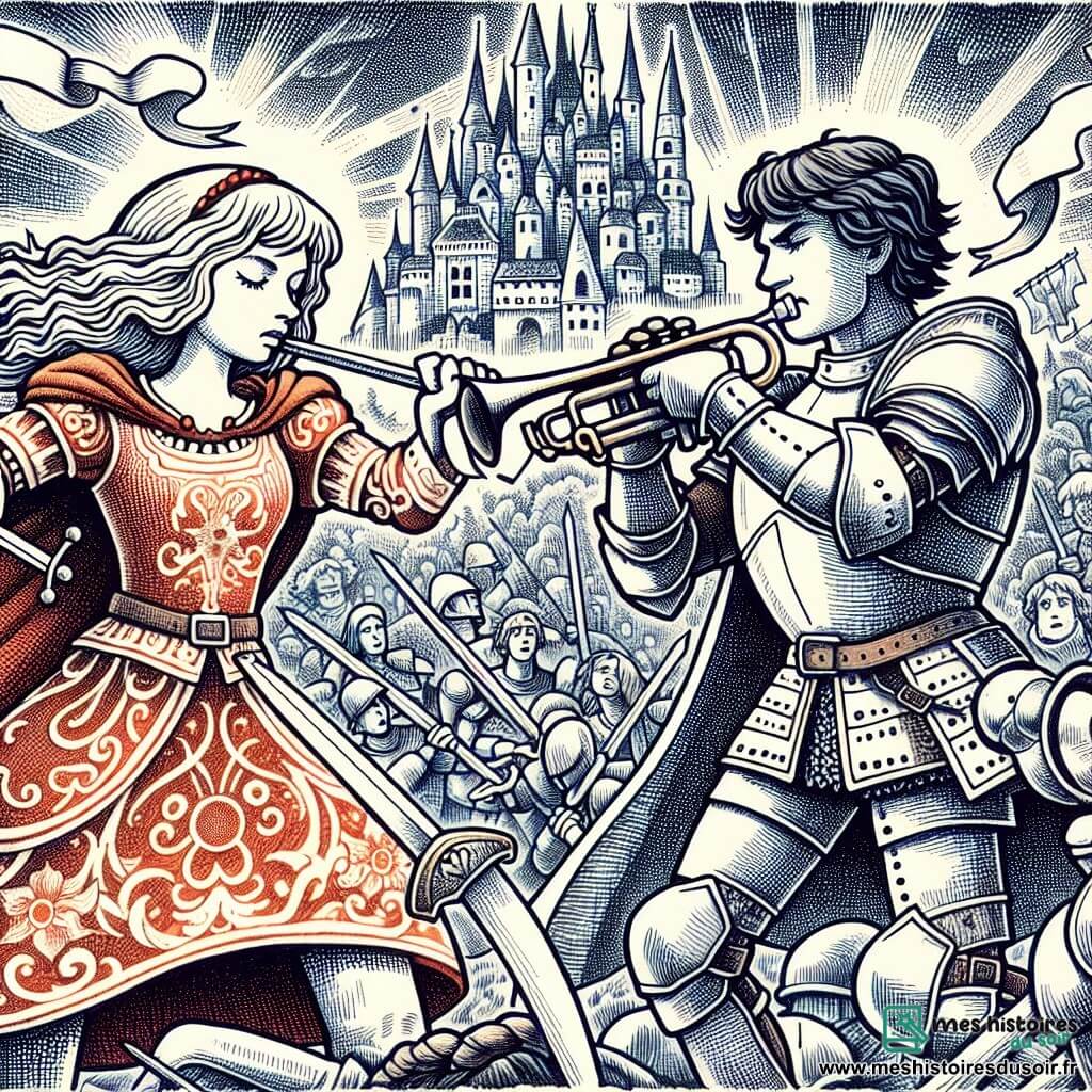 Une illustration destinée aux enfants représentant une courageuse chevalière, affrontant un champion redoutable, dans la cité animée de Valterre, avec des armures étincelantes et des trompettes résonnant dans les airs.