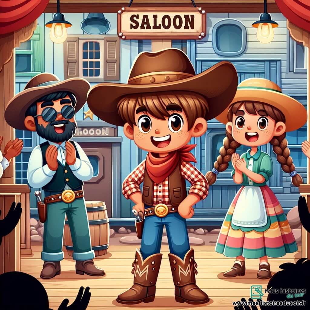 Une illustration sous forme de dessin destinée aux enfants représentant un saloon animé dans une petite ville du Far West, avec un homme cow-boy aux cheveux bruns, portant un large chapeau de feutre, une chemise à carreaux rouge et des bottes en cuir, se tenant au centre de la scène avec un grand sourire, tandis qu'une jeune cow-girl aux cheveux tressés et à la robe colorée l'encourage, et un jeune homme aux lunettes de soleil et à la chemise bleue applaudit en arrière-plan, alors qu'ils célèbrent la découverte d'un trésor légendaire dans une grotte, entourés de décorations western et d'une ambiance joyeuse.