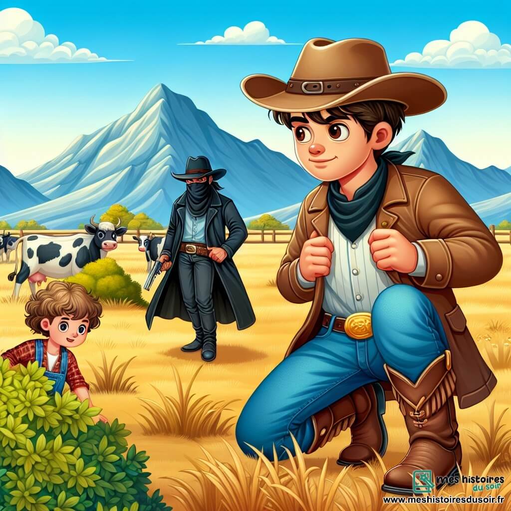 Une illustration sous forme de dessin destinée aux enfants représentant une prairie dorée sous un ciel bleu éclatant, où un jeune cow-boy aux cheveux châtains, portant un grand chapeau de cow-boy et des bottes en cuir, observe avec détermination un voleur de bétail en manteau sombre, tandis qu'une jeune fille aux cheveux bouclés, vêtue d'une chemise à carreaux et d'un pantalon en denim, se cache derrière un buisson, tous deux prêts à protéger leurs vaches des méchants, avec des montagnes majestueuses en arrière-plan et des vaches paisibles broutant dans le champ.