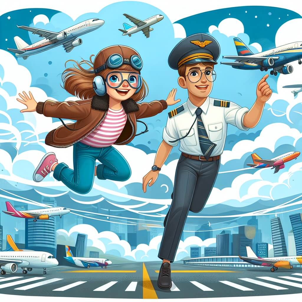 Une illustration destinée aux enfants représentant une jeune femme intrépide, passionnée d'aviation, accompagnée de son fidèle père pilote, évoluant dans un ciel bleu parsemé de nuages blancs et survolant une piste d'aéroport animée, entourée d'avions colorés prêts à décoller.