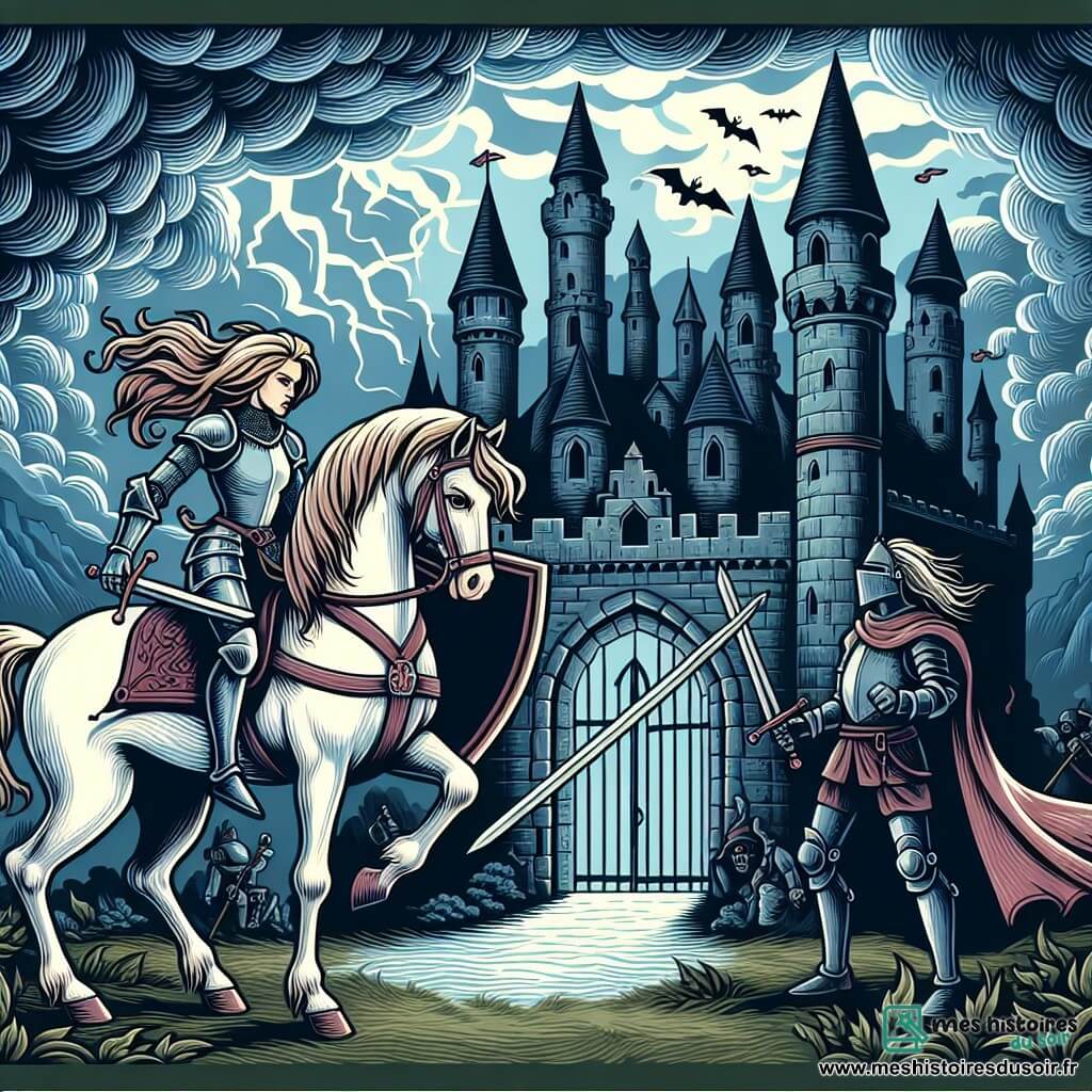 Une illustration destinée aux enfants représentant une chevalière intrépide affrontant un sorcier maléfique dans un château maudit, accompagnée de son fidèle destrier blanc, au cœur d'un royaume lointain au Moyen Âge, où les tours crénelées se dressent majestueusement contre un ciel d'orage menaçant.