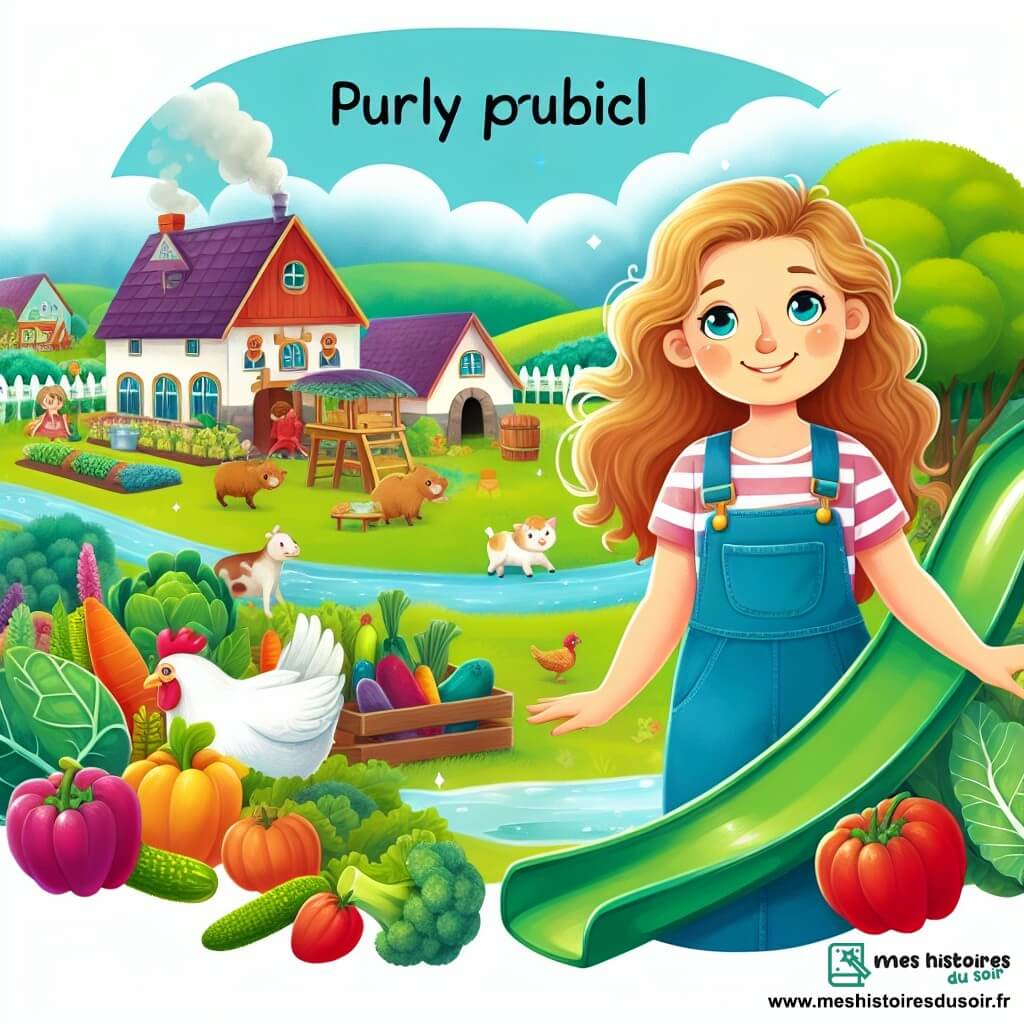 Une illustration destinée aux enfants représentant une jeune femme passionnée d'agriculture, vivant dans un village entouré de champs verdoyants, découvrant une ferme enchantée avec des animaux colorés et un toboggan en forme de légumes géants.