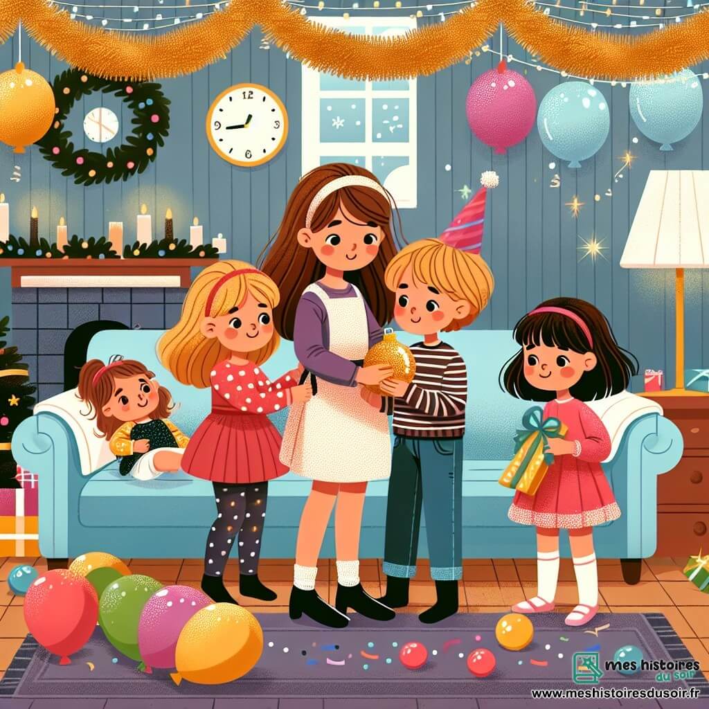 Une illustration destinée aux enfants représentant une fillette préparant la fête du Nouvel An avec sa famille, accompagnée de ses cousins et cousines, dans un salon décoré de guirlandes scintillantes et de ballons colorés.