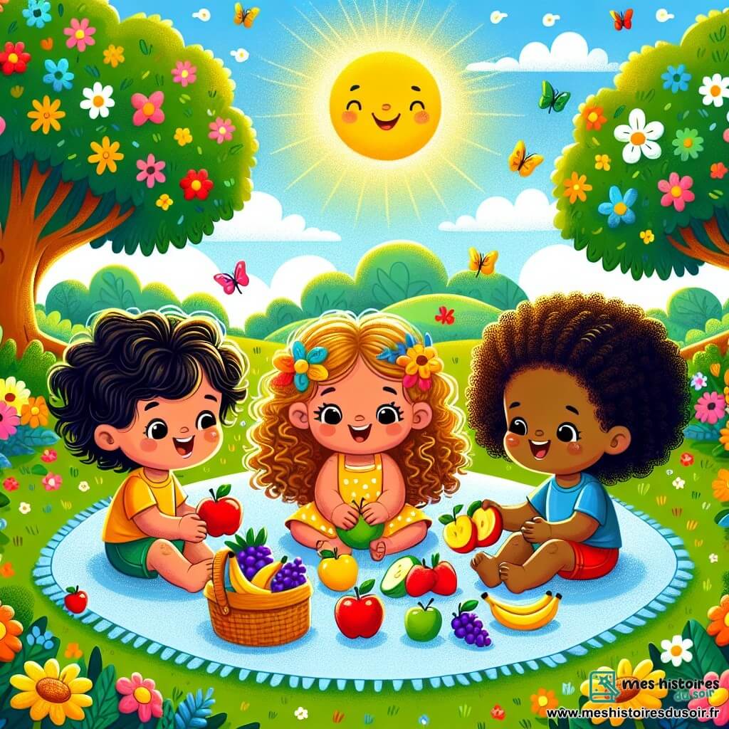 Illustration destinée aux enfants représentant un parc ensoleillé, rempli de fleurs colorées et d'un grand arbre aux feuilles vertes, où une couverture est étalée sur l'herbe douce. Un groupe de trois enfants de trois ans, deux filles aux cheveux bouclés, l'une avec des boucles dorées et une salopette jaune, l'autre avec des cheveux noirs longs et une robe rouge, ainsi qu'un garçon aux cheveux bouclés et un tee-shirt bleu, sont assis autour de la couverture, partageant joyeusement des fruits colorés comme des pommes rouges, des bananes jaunes et des raisins violets. L'atmosphère est joyeuse et amicale, illustrant la diversité et l'harmonie entre les enfants, qui rient et échangent des fruits, symbolisant l'importance de l'amitié et de l'acceptation des différences.