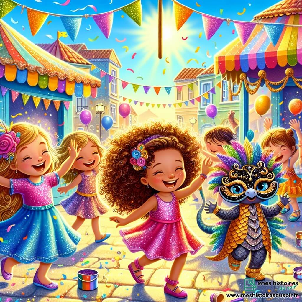 Illustration d'une scène vibrante de carnaval dans une petite ville ensoleillée, remplie de couleurs éclatantes : des drapeaux flottent, des ballons multicolores dansent dans le ciel bleu, et des stands décorés de guirlandes scintillantes attirent les enfants. Au centre, trois filles de neuf ans dansent joyeusement. L'une, en robe à paillettes roses, rit aux éclats, tandis qu'une autre, en robe colorée, lance de la poudre colorée. La troisième, avec un masque noir et doré, affiche un sourire émerveillé. En arrière-plan, un petit dragon aux écailles scintillantes survole la scène, ajoutant une touche de fantaisie. Des confettis volent autour, créant une atmosphère festive avec des enfants déguisés en animaux qui dansent et s'amusent, remplissant l'air de rires et de musique.