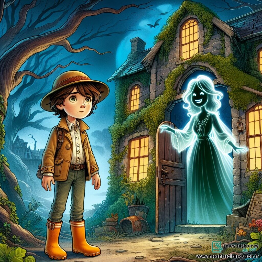 Une illustration sous forme de dessin destinée aux enfants représentant une vieille maison en ruines, recouverte de lierre et entourée d'arbres sombres, où un garçon de 7 ans aux cheveux châtains en bataille, portant un chapeau d'explorateur et des bottes en caoutchouc, se tient devant la porte entrouverte, l'air curieux et un peu inquiet, tandis qu'une silhouette translucide d'une femme souriante, vêtue d'une robe ancienne, flotte à ses côtés, l'invitant à entrer dans un monde mystérieux rempli de couleurs éclatantes et de secrets à découvrir.