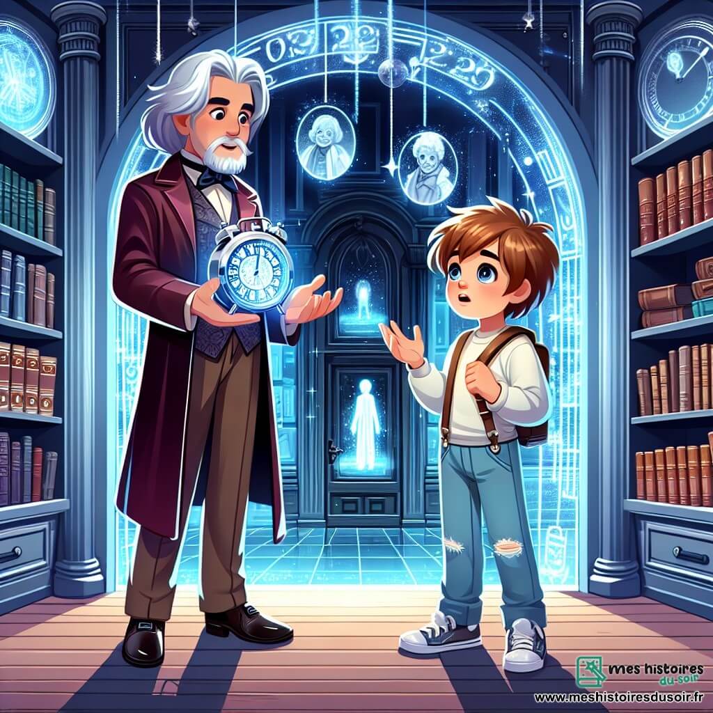 Une illustration sous forme de dessin destinée aux enfants représentant une scène animée dans une bibliothèque futuriste, avec des étagères de livres holographiques scintillants et une grande porte en bois mystérieuse ; au centre, un garçon de 11 ans aux cheveux ébouriffés et aux yeux pétillants, tenant une montre brillante en argent, regardant avec émerveillement un homme élancé aux cheveux argentés, vêtu d'un manteau en velours, qui lui explique les voyages dans le temps, tandis qu'en arrière-plan, des images d'époques anciennes flottent dans l'air, symbolisant les aventures à venir.