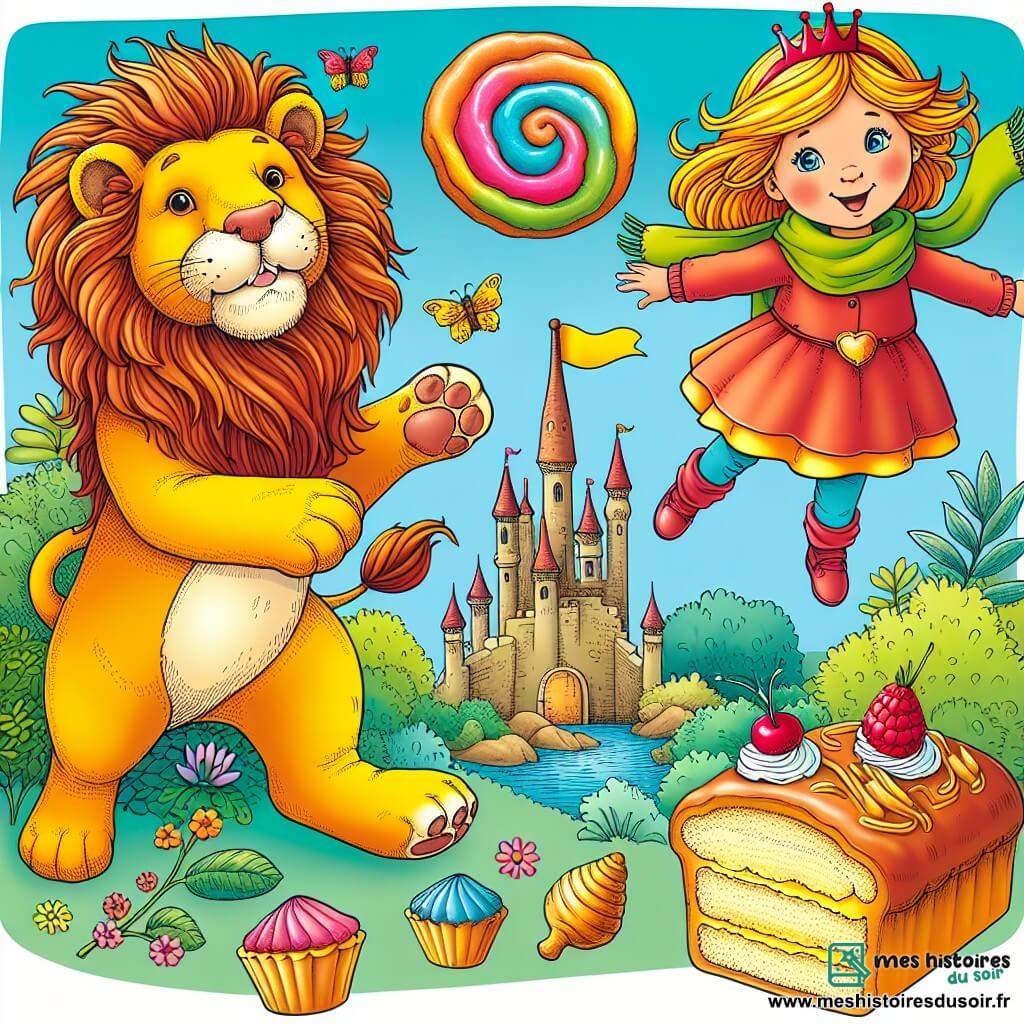 Une illustration destinée aux enfants représentant une fillette intrépide, un lion en peluche, une pâtisserie aux couleurs vives et un jardin mystérieux où se cachent des trésors imaginaires.
