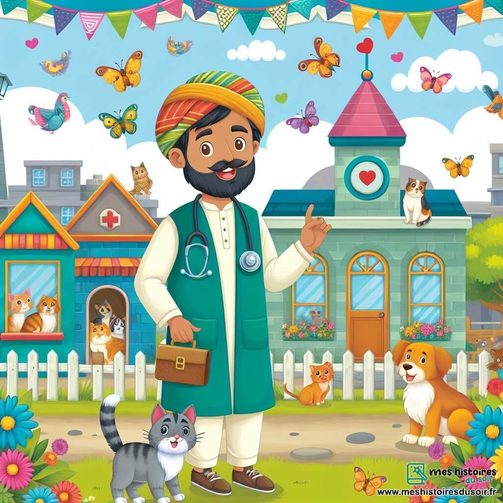 Une illustration destinée aux enfants représentant un homme passionné par les animaux, vivant dans une petite ville tranquille, où il exerce en tant que vétérinaire, accompagné de son fidèle chaton, dans une clinique vétérinaire colorée et chaleureuse entourée de fleurs et d'animaux joyeux.