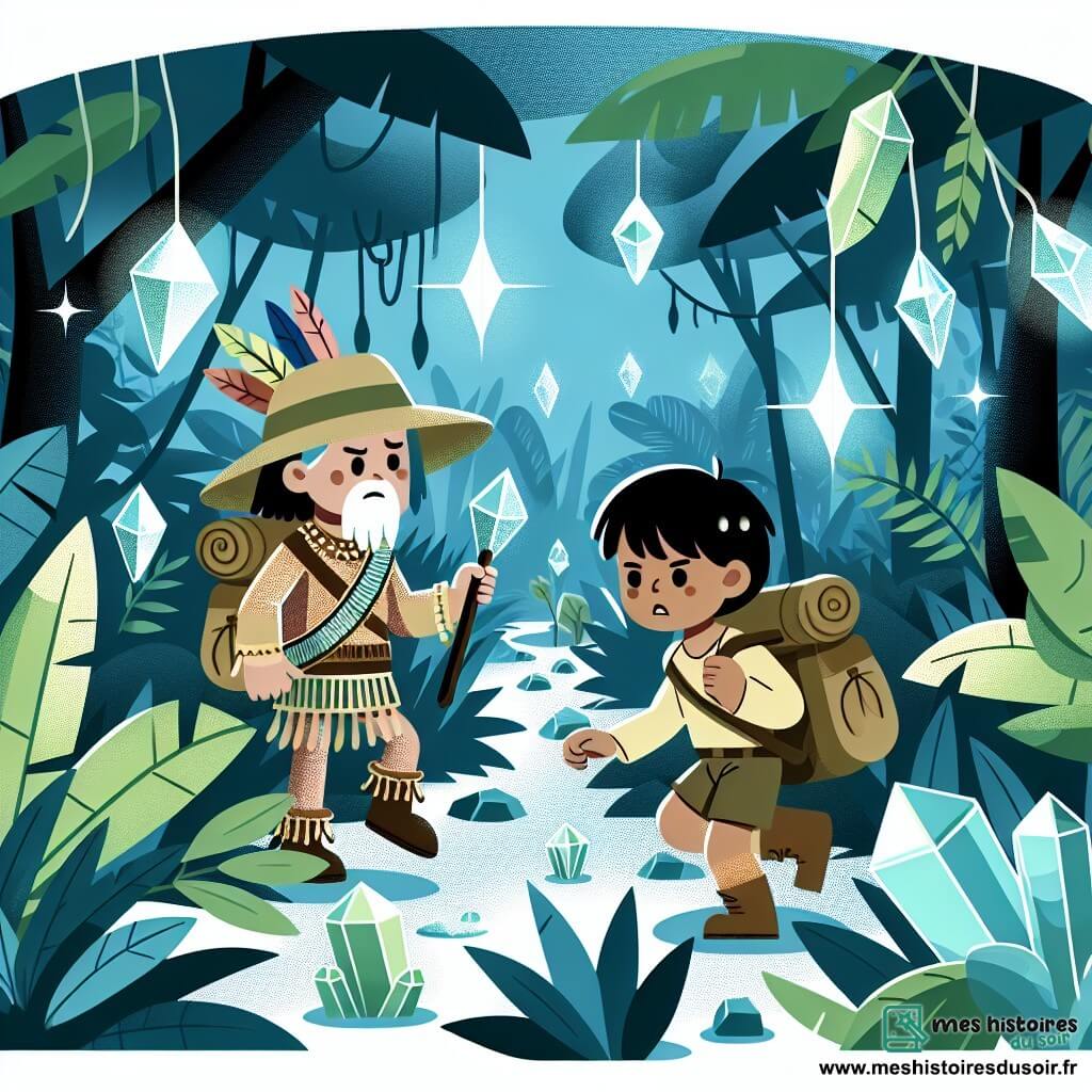 Une illustration destinée aux enfants représentant un explorateur courageux, un guide autochtone expert en survie, dans une jungle dense et mystérieuse illuminée par des cristaux étincelants.