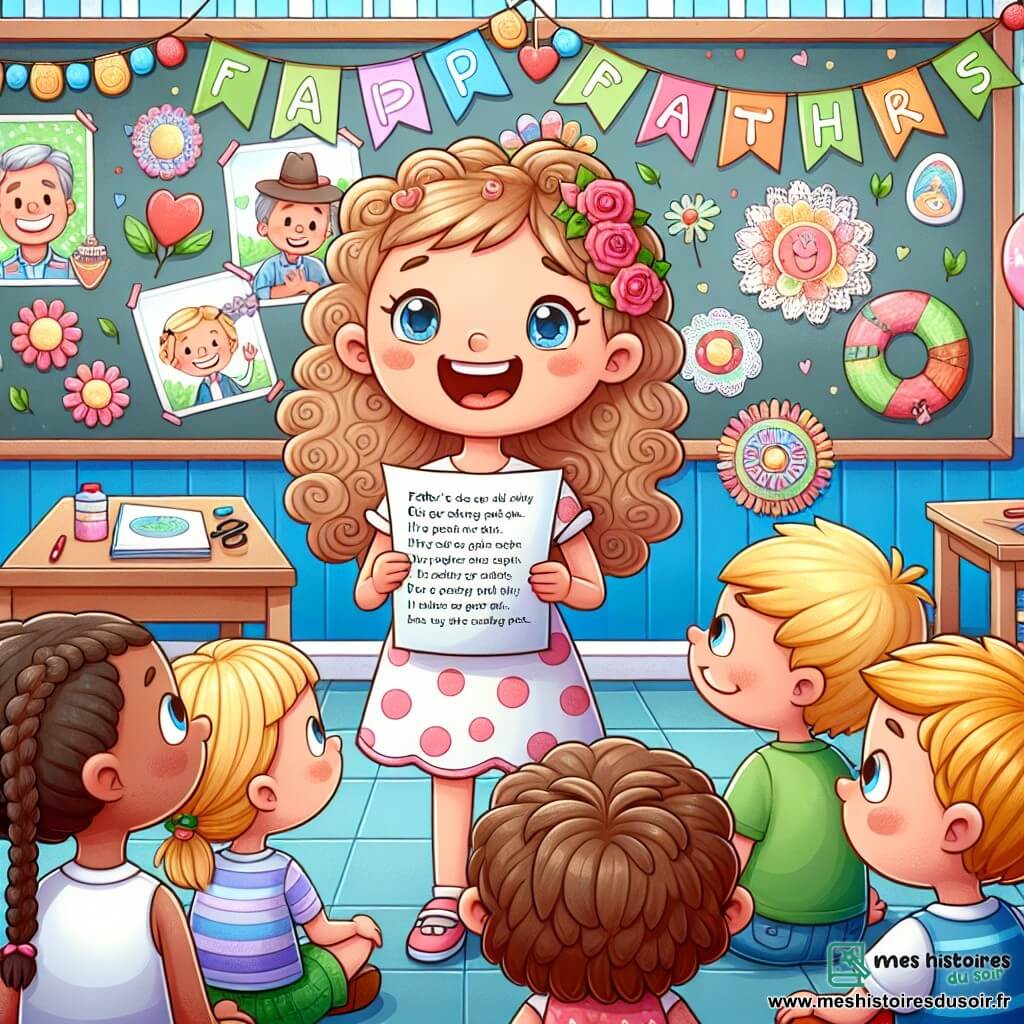Une illustration sous forme de dessin destinée aux enfants représentant une salle de classe colorée, remplie de décorations pour la fête des pères, où une petite fille de 5 ans aux cheveux frisés et aux yeux pétillants, souriante, est debout en train de lire un poème à haute voix, tandis qu'un groupe d'enfants, dont un garçon aux cheveux blonds et une fille aux tresses, l'écoute avec émerveillement, tous entourés de dessins et de créations faites main, symbolisant l'amour et la joie de cette journée spéciale.