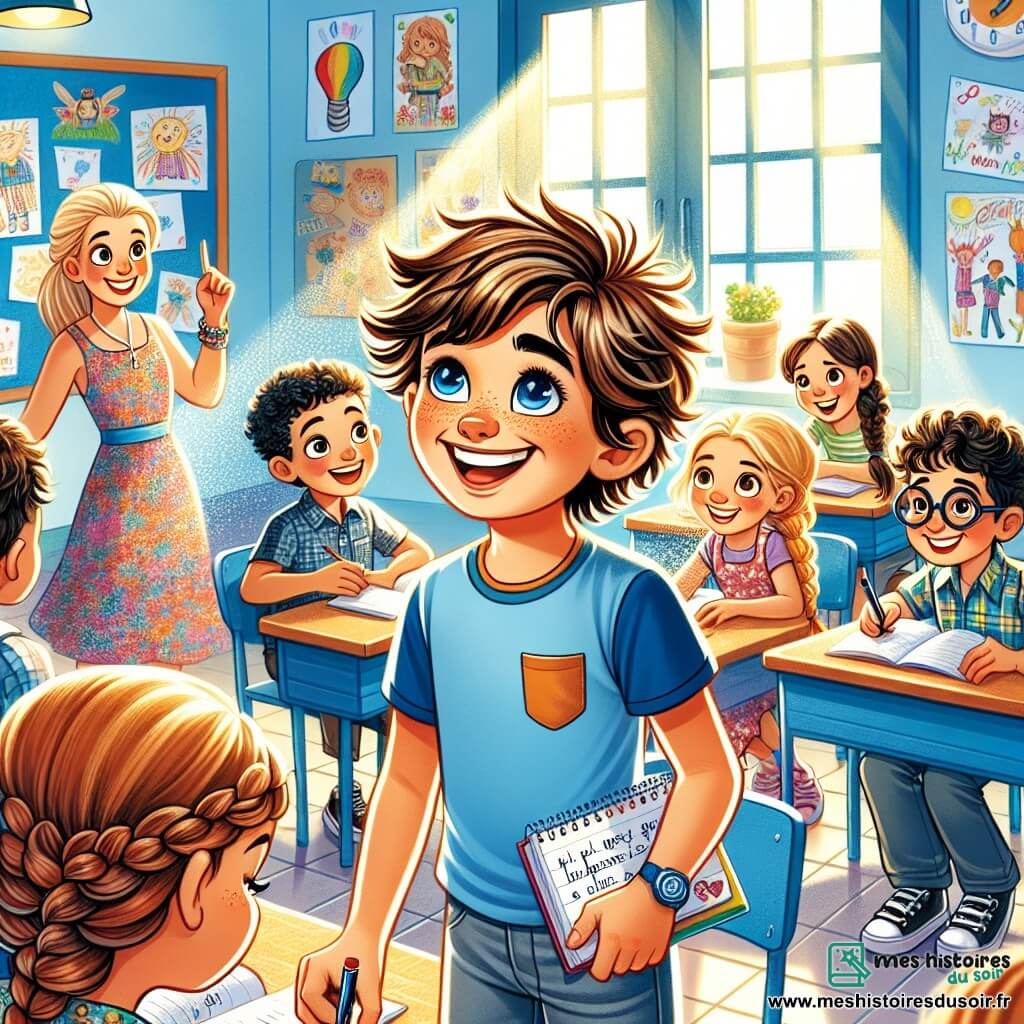 Illustration destinée aux enfants représentant une salle de classe lumineuse et colorée de l'école Saint-Michel, avec des murs décorés de dessins d'enfants et des fenêtres laissant entrer la lumière du soleil. Au centre, un garçon de 11 ans, aux cheveux bruns en bataille et portant un t-shirt bleu, se tient debout avec un grand sourire, tenant un carnet et un stylo, prêt à partager ses idées avec ses camarades. À ses côtés, une fille aux cheveux blonds tressés, vêtue d'une robe à fleurs, écoute attentivement, tandis qu'un garçon aux lunettes rondes et à la chemise à carreaux prend des notes avec enthousiasme. La scène dégage une atmosphère d'excitation et de camaraderie, illustrant le moment où ils discutent de leur projet sur la pauvreté, entourés de livres et de fournitures scolaires, symbolisant leur engagement à aider leur communauté.