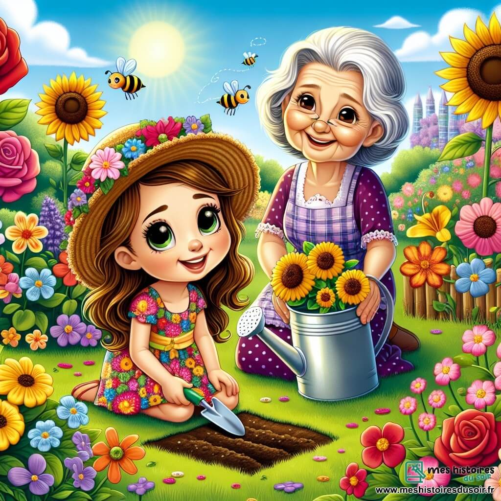 Illustration d'un jardin enchanté, avec des fleurs colorées comme des roses rouges, des tournesols jaunes et des violettes. Au centre, une petite fille de 5 ans, aux longs cheveux bruns et aux yeux pétillants, est accroupie sur l'herbe verte, portant une robe à fleurs et un chapeau de paille, prête à planter des graines avec une petite pelle en plastique. À ses côtés, une femme âgée, probablement sa grand-mère, avec des cheveux argentés et un sourire doux, l'observe fièrement en tenant un arrosoir. La scène montre leur collaboration pour planter des fleurs, symbolisant leur engagement envers la nature. En arrière-plan, des abeilles volent autour des fleurs et un petit chat joue dans l'herbe. Le ciel est ensoleillé, créant une atmosphère joyeuse et pleine d'espoir, soulignant l'importance de protéger l'environnement.