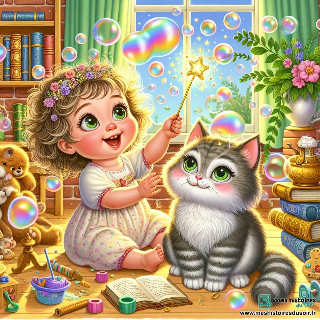 Illustration d'une pièce lumineuse et colorée, remplie de livres anciens aux couvertures dorées, de jouets en bois et de plantes vertes dansant au gré d'une douce brise. Au centre, une petite fille d'un an, avec des cheveux bouclés et des yeux pétillants de curiosité, agite une baguette magique scintillante, entourée de bulles de savon flottant joyeusement. À ses côtés, un chat espiègle aux poils gris et aux yeux verts brillants observe la scène avec amusement, sa queue en l'air. La petite fille éclate de rire, tandis que des fleurs colorées apparaissent sur la tête du chat, créant une atmosphère ludique et enchantée. Des éclats de crème chantilly virevoltent dans l'air, ajoutant une touche de magie et d'humour à cette scène féerique.