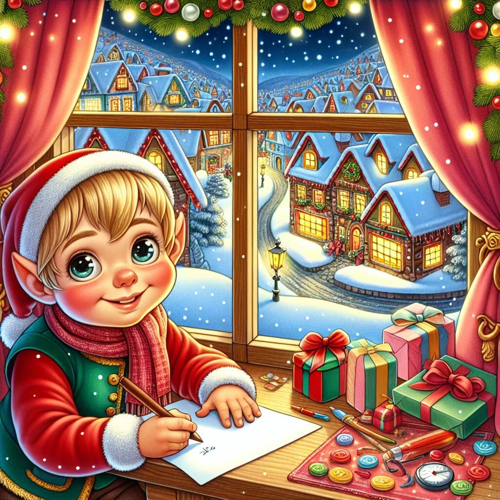 Une illustration destinée aux enfants représentant un petit garçon aux yeux pétillants de malice, écrivant une lettre au Père Noël dans sa chambre confortablement décorée, entouré de jouets et d'une fenêtre laissant entrevoir la douce brise d'hiver qui souffle sur la charmante petite ville de Lutinville, remplie de maisons colorées et de rues illuminées par les guirlandes scintillantes.