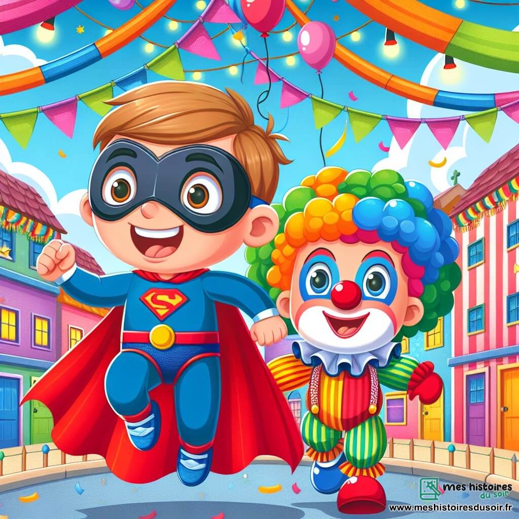 Une illustration destinée aux enfants représentant un petit garçon déguisé en super-héros, vivant une aventure joyeuse lors du carnaval, accompagné d'un clown farceur, dans le village coloré de Pommeville orné de guirlandes et de ballons multicolores.