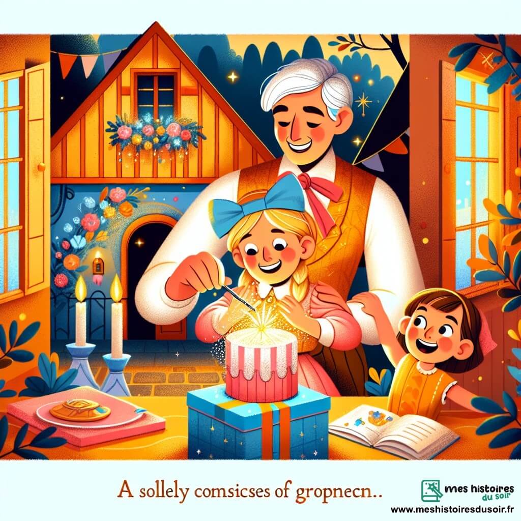 Une illustration destinée aux enfants représentant une petite fille pleine d'enthousiasme préparant une surprise étincelante pour son papa, accompagnée de sa maman complice, dans une maison chaleureuse et colorée de Pommeville.