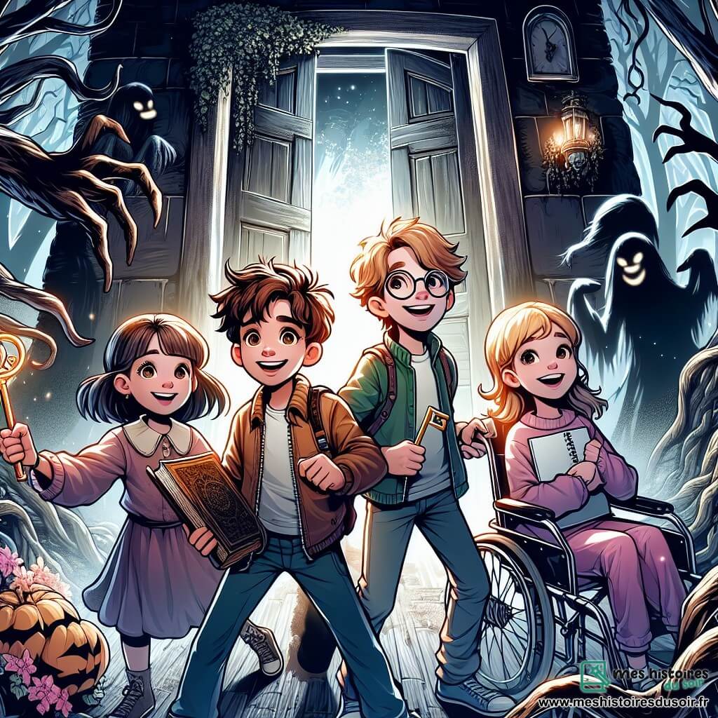 Une illustration sous forme de dessin destinée aux enfants représentant une forêt sombre et mystérieuse, avec des arbres tordus aux branches menaçantes, où un groupe de quatre enfants de 9 ans — un garçon aux cheveux en bataille et au sourire courageux, une fille rêveuse tenant un carnet de croquis, un garçon vif avec un rire éclatant, et une petite fille aventurière dans un fauteuil roulant — se tient devant une porte en bois couverte de lierre, tenant une clé brillante, tandis que des ombres dansantes et des silhouettes floues semblent les observer, créant une atmosphère à la fois intrigante et légèrement effrayante.