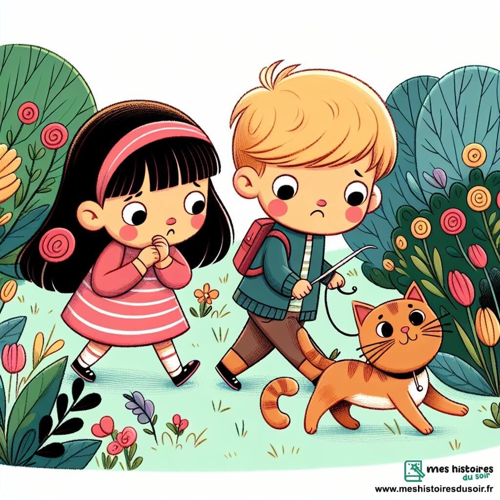 Une illustration destinée aux enfants représentant une petite fille inquiète à la recherche de sa peluche perdue, accompagnée de son courageux grand frère, suivant un chat malicieux à travers un jardin fleuri et coloré.