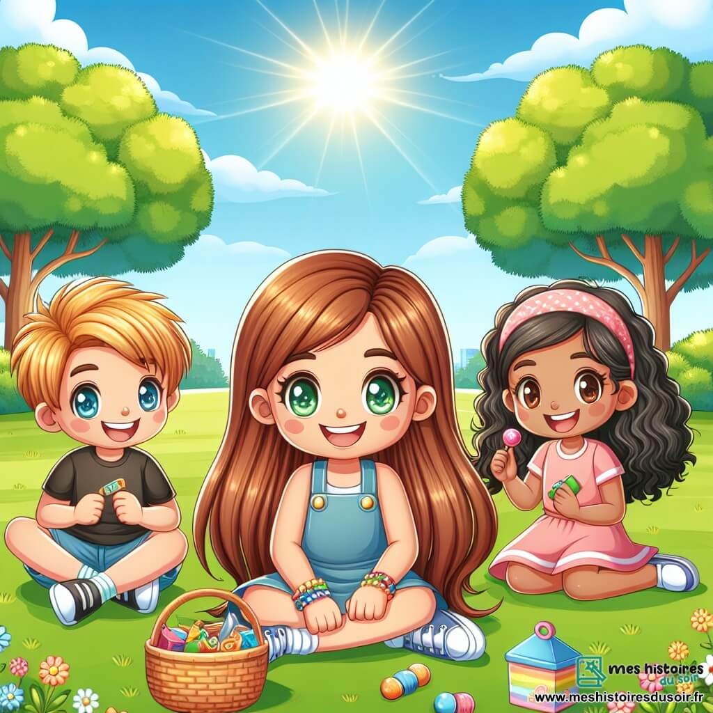Une illustration sous forme de dessin destinée aux enfants représentant un parc ensoleillé avec des arbres verdoyants et des fleurs colorées, où une fille de 12 ans aux longs cheveux châtains et aux yeux pétillants, souriante et pleine d'énergie, est assise sur l'herbe, entourée de deux amis : un garçon aux cheveux blonds et une fille aux cheveux bouclés, tous deux riant et tenant des indices pour une chasse au trésor, symbolisant leur joie de passer du temps ensemble sans écrans, avec des jouets et des bonbons cachés autour d'eux.