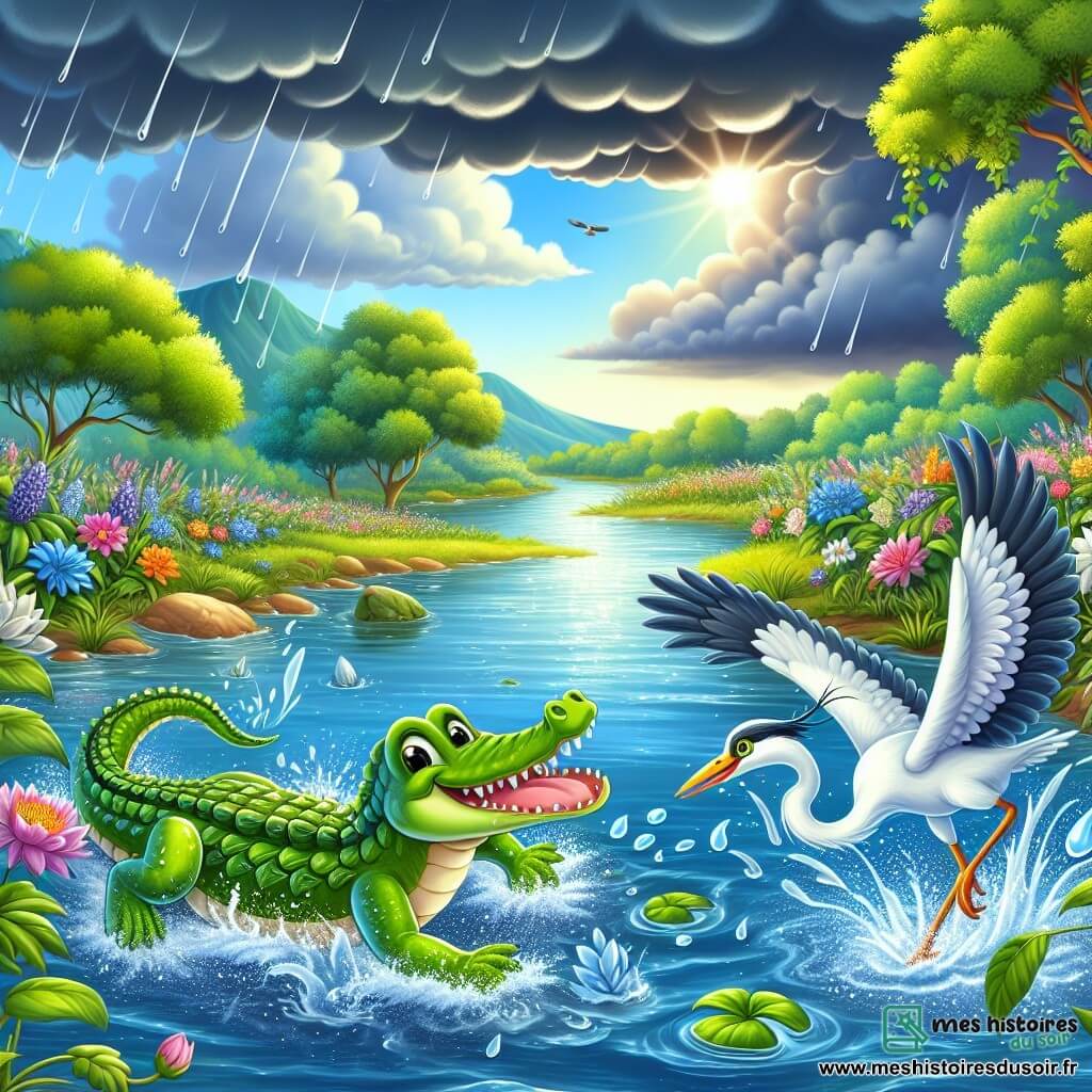 Illustration d'une scène au bord d'une grande rivière, entourée de feuillages luxuriants et de fleurs colorées. L'eau scintille sous le soleil, tandis que des nuages sombres annoncent une tempête. Au premier plan, un petit crocodile aux écailles vertes brillantes et au large sourire nage énergiquement, ses yeux pétillants de détermination, éclaboussant joyeusement autour de lui. À ses côtés, un héron élégant avec de longues pattes et un plumage blanc éclatant s'envole avec grâce, prêt à aider son ami. Le crocodile et le héron font face à la tempête qui approche, illustrant leur amitié et leur courage. Des gouttes de pluie commencent à tomber, créant des cercles sur l'eau, tandis que le vent fait danser les feuilles des arbres, ajoutant une touche d'énergie à cette aventure palpitante.