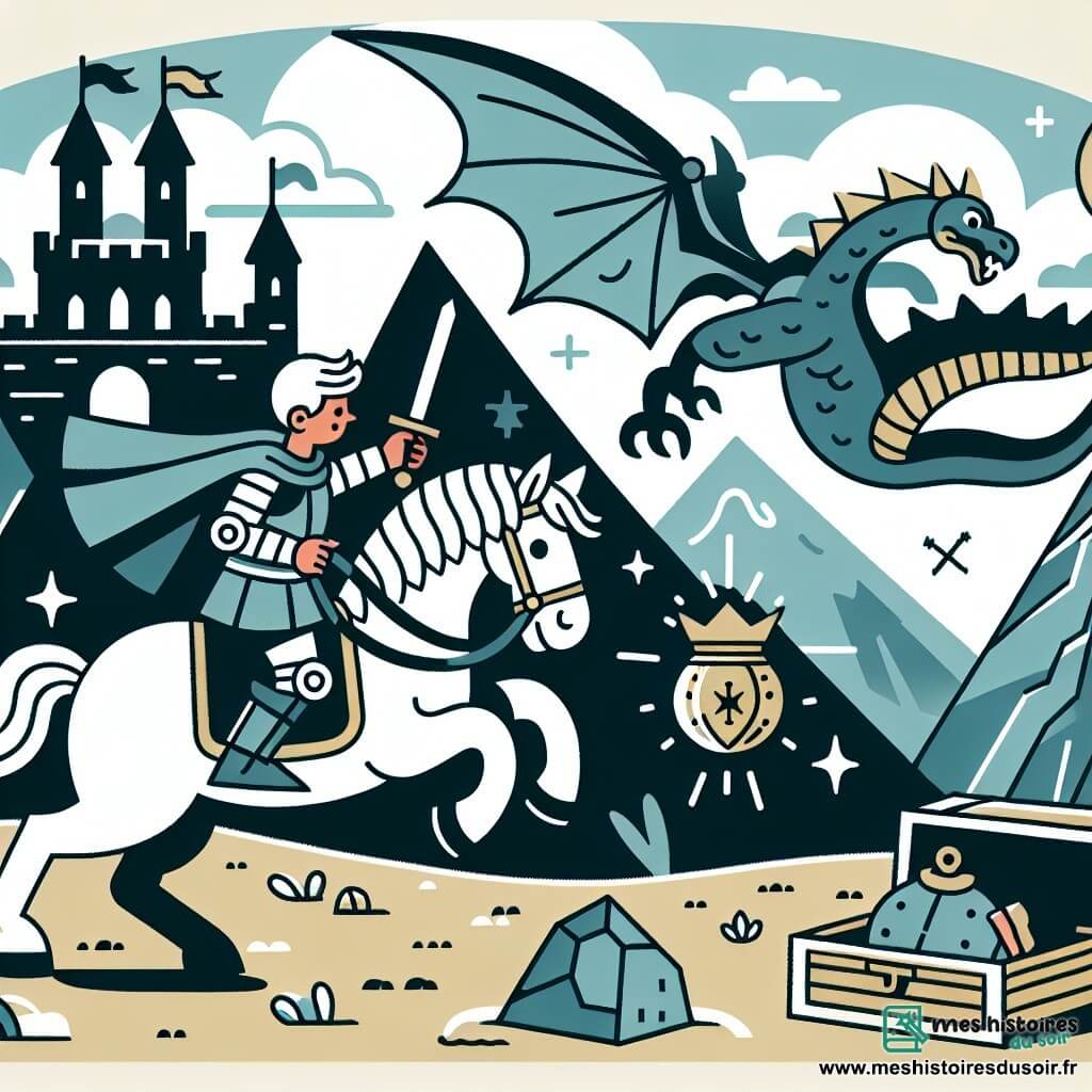 Une illustration destinée aux enfants représentant un chevalier courageux affrontant un dragon féroce pour trouver un objet magique, accompagné de son fidèle destrier, dans un ancien château en ruines perché au sommet d'une montagne escarpée.