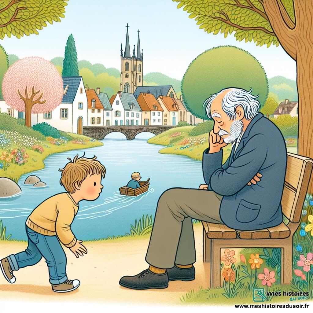 Une illustration destinée aux enfants représentant un jeune garçon curieux et énergique, faisant la rencontre d'un vieux monsieur triste et perdu dans ses pensées, sur un banc situé près d'une rivière bordée d'arbres en fleurs dans le paisible village de Saint-Martin.
