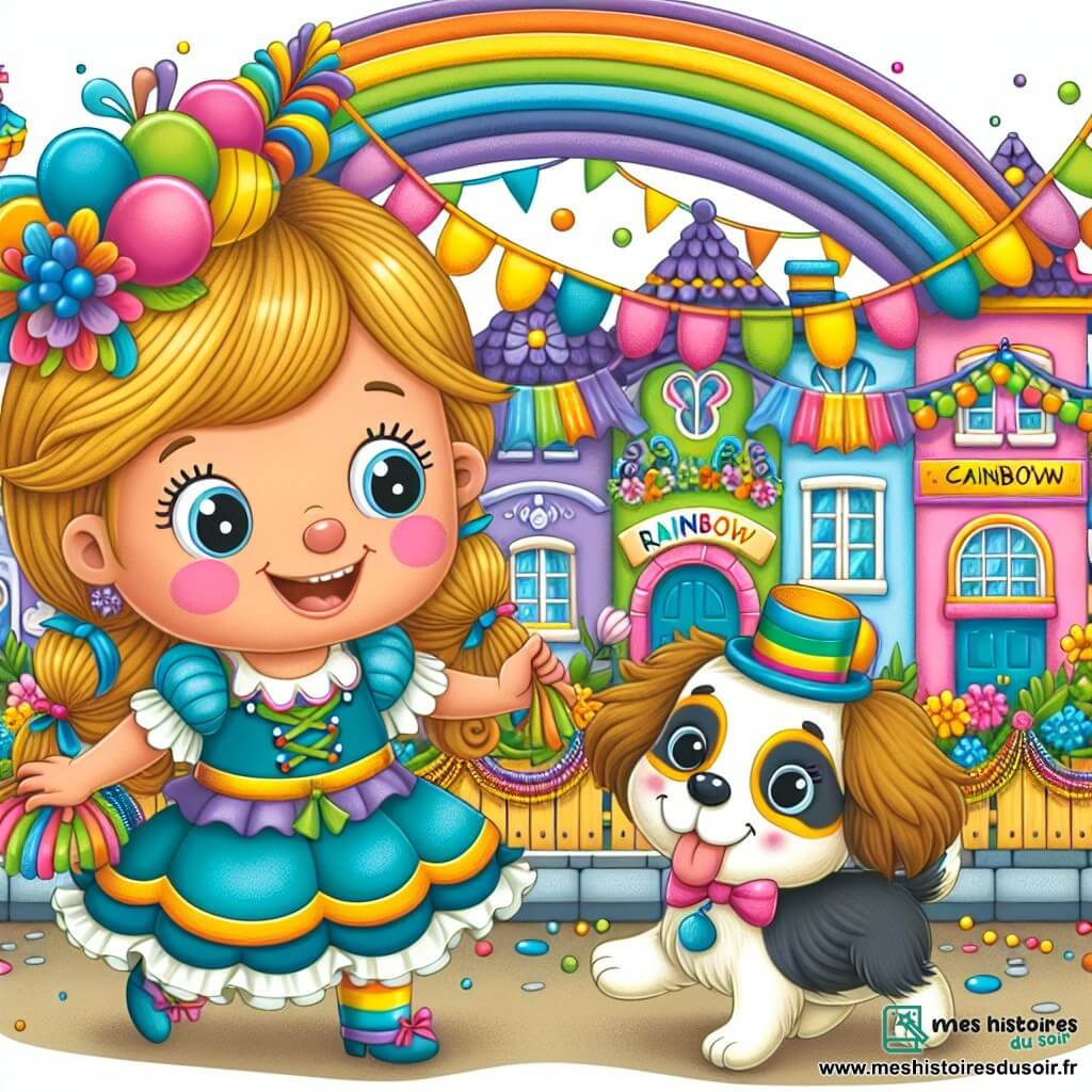 Une illustration destinée aux enfants représentant une fille joyeuse et pleine de vie se préparant pour le carnaval, accompagnée d'un petit chien espiègle, dans un village coloré nommé Arc-en-Ciel, décoré de guirlandes, de ballons et de fleurs.