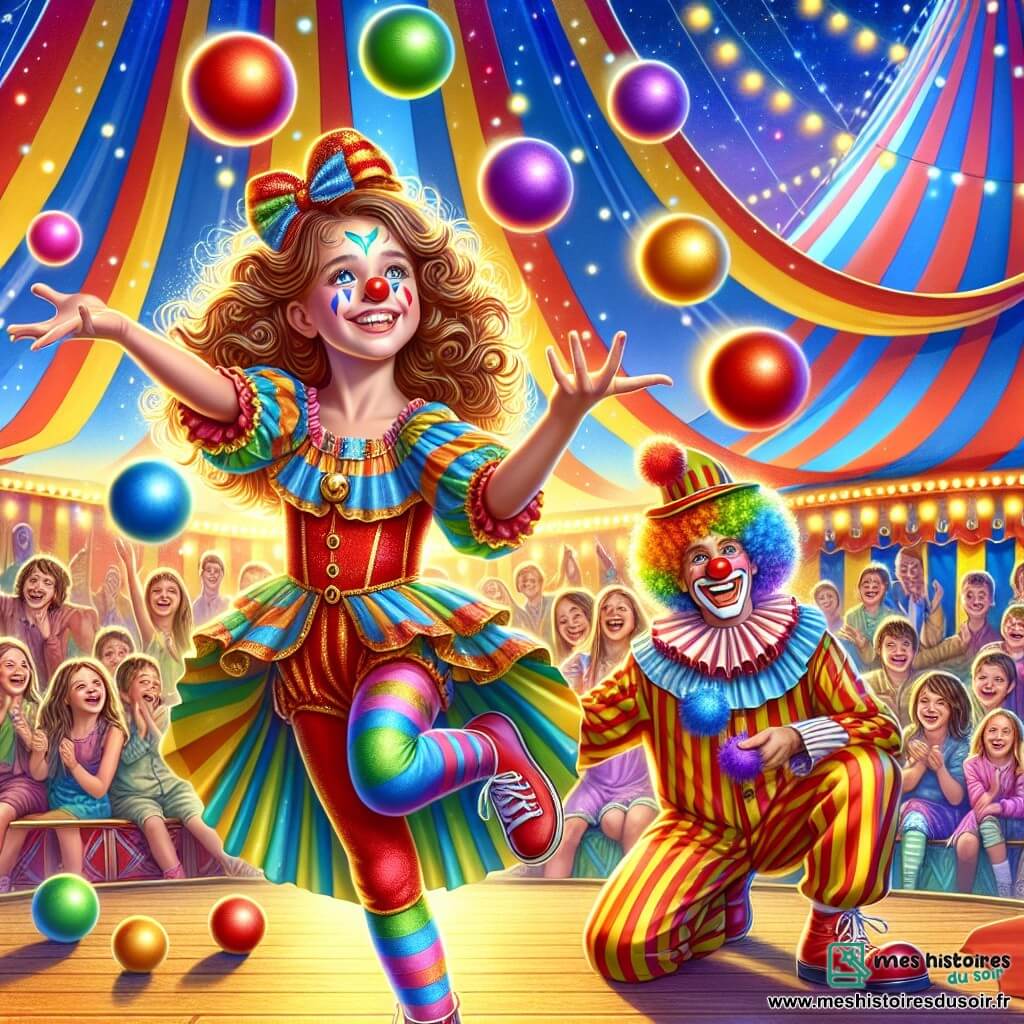 Illustration d'une scène colorée d'un cirque en spectacle. La tente, immense et rayée de rouge et jaune, se dresse sous un ciel bleu, entourée de ballons et de guirlandes lumineuses. Au centre, une fille de 11 ans, avec des boucles châtain clair et des yeux pétillants, jongle avec des balles colorées, son sourire illuminant son visage. Elle porte un costume de clown joyeux, avec un grand nez rouge et des vêtements multicolores. À ses côtés, un clown jovial applaudissant l'encourage, vêtu d'un costume flamboyant et de grandes chaussures comiques. En arrière-plan, d'autres enfants, âgés de 8 à 12 ans, regardent avec émerveillement, riant et applaudissant, créant une atmosphère festive. La scène montre la fille jonglant avec enthousiasme, entourée d'une foule joyeuse, tandis que des confettis volent dans l'air, ajoutant une touche festive à ce moment magique du cirque.
