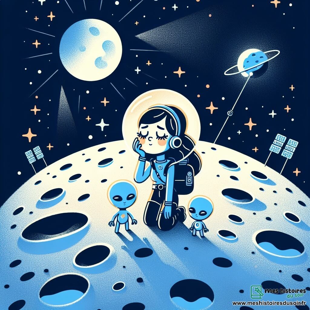 Une illustration destinée aux enfants représentant une jeune femme rêveuse et déterminée, accompagnée de petits extraterrestres bleus, explorant la surface lunaire parsemée de cratères et illuminée par un lever de Terre.