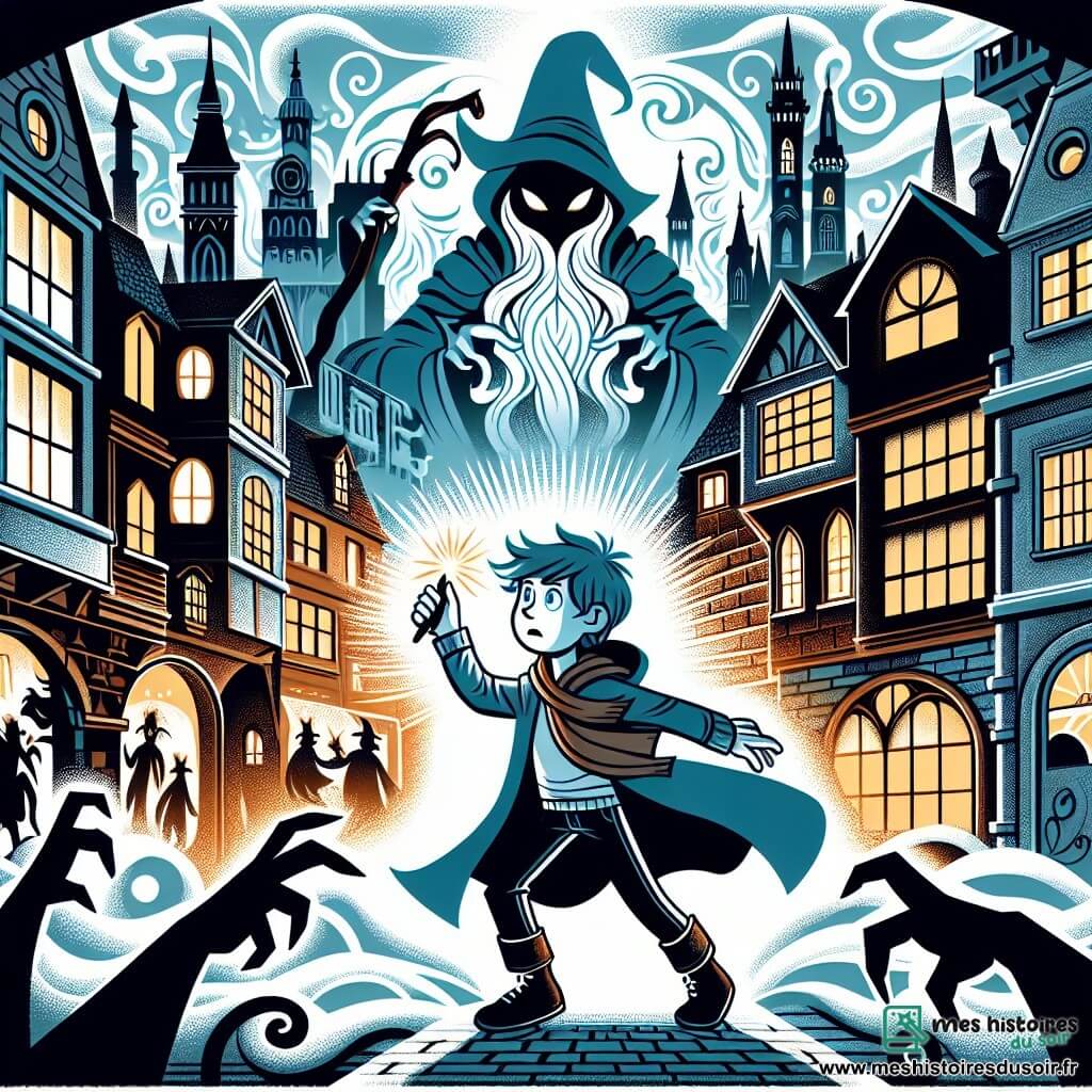 Une illustration destinée aux enfants représentant un jeune garçon aux pouvoirs magiques, affrontant des ombres maléfiques avec l'aide d'un mystérieux sorcier, dans la ville bruyante et animée de Citéville, où les ruelles étroites et les bâtiments anciens se mêlent dans un décor fantastique.