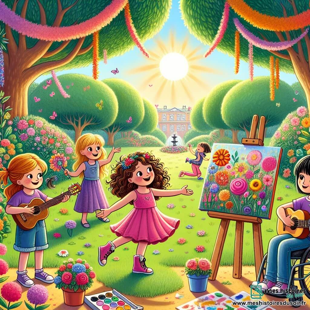 Illustration d'un parc ensoleillé, rempli de fleurs colorées et d'arbres majestueux. Au centre, quatre jeunes filles d'environ 11 ans sont réunies. L'une, aux cheveux bruns et bouclés, danse avec grâce en robe rose. À côté, une fille blonde en t-shirt violet joue de la guitare, pleine d'enthousiasme. Une autre, avec des cheveux châtains et une frange, se tient devant une toile peinte, déterminée. La quatrième, aux cheveux courts et noirs, est en fauteuil roulant, entourée de guirlandes colorées et souriante. La scène montre la fille qui peint dévoilant son œuvre, symbolisant confiance en soi et amitié, avec des parents et amis applaudissant en arrière-plan. Des ballons flottent dans le ciel bleu, ajoutant une touche festive à cette belle journée d'été.
