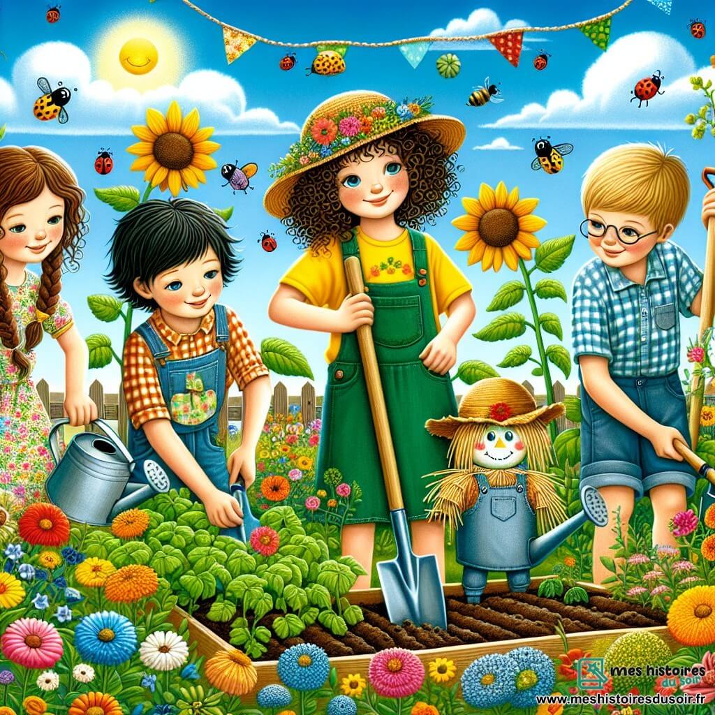 Illustration destinée aux enfants représentant un jardin communautaire vibrant et coloré, rempli de fleurs éclatantes et de légumes verdoyants sous un ciel bleu clair. Au centre, un groupe de quatre enfants de 9 ans, deux filles et deux garçons, s'affairent joyeusement : une fille aux cheveux bruns et bouclés, portant un t-shirt jaune, tient une pelle, tandis qu'un garçon aux cheveux blonds et courts, vêtu d'une chemise à carreaux, tire sur une mauvaise herbe. À côté d'eux, une autre fille avec des tresses et une robe à fleurs arrose des plants, et un garçon aux lunettes rondes, en short, ajuste un épouvantail souriant, habillé d'un vieux chapeau de paille. Le jardin est décoré de guirlandes colorées, et des coccinelles volent autour des fleurs, créant une atmosphère joyeuse et animée, symbolisant l'esprit d'amitié et de collaboration des vacances d'été.