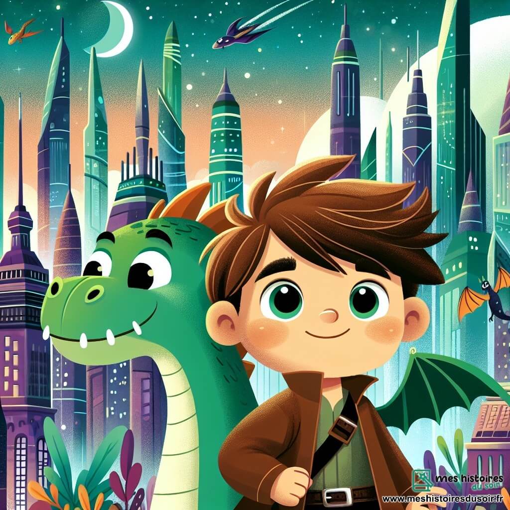 Une illustration destinée aux enfants représentant un garçon aux cheveux bruns en bataille, se tenant aux côtés d'un dragon vert joyeux, découvrant une mystérieuse cité futuriste avec des gratte-ciel touchant le ciel et des créatures fantastiques dans les rues de la Cité des Merveilles.