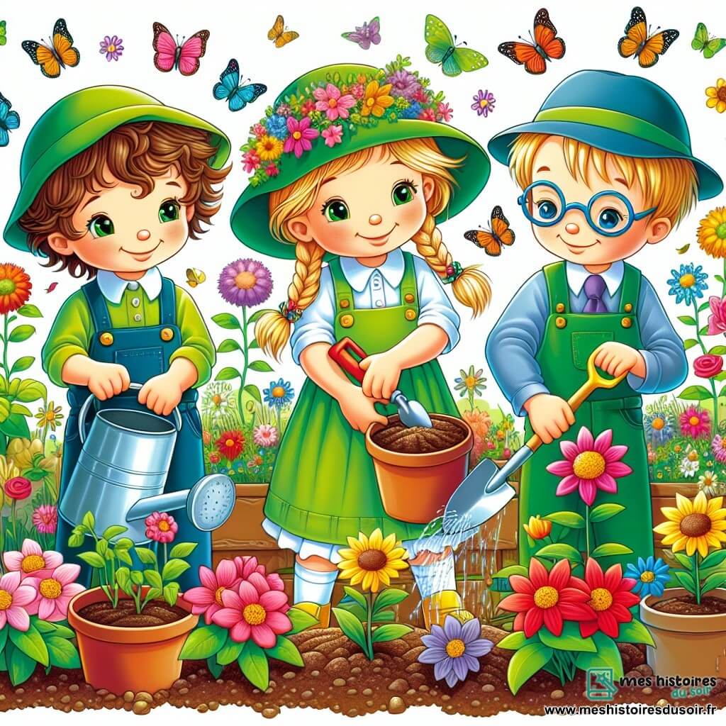 Une illustration sous forme de dessin destinée aux enfants représentant un jardin en pleine floraison au printemps, avec un groupe de trois enfants de cinq ans : un garçon aux cheveux bouclés et un chapeau vert, une fille aux tresses blondes tenant une petite pelle, et un garçon aux lunettes bleues arrosant des graines fraîchement plantées, entourés de fleurs colorées et de papillons virevoltant dans l'air, illustrant la joie de la découverte et de la magie de la nature.