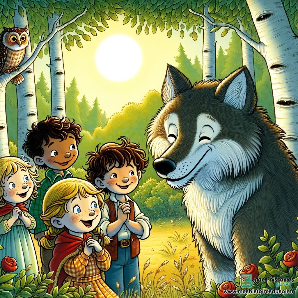 Une illustration sous forme de dessin destinée aux enfants représentant une clairière ensoleillée au cœur d'une forêt verdoyante, où un groupe de quatre enfants de 9 ans, deux garçons aux cheveux ébouriffés et souriants, et deux filles aux yeux pétillants, se tiennent autour d'un grand loup au pelage doux et triste, qui leur sourit timidement, tandis qu'un hibou perché sur une branche les observe avec bienveillance, le tout baigné dans une atmosphère chaleureuse et amicale, illustrant l'instant où les enfants découvrent que le grand méchant loup n'est pas si effrayant qu'on le dit.