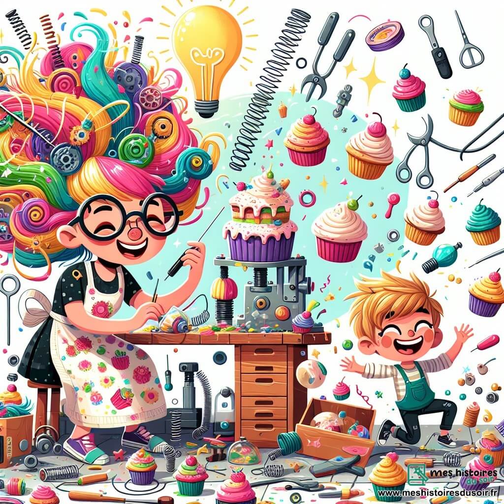 Une illustration sous forme de dessin destinée aux enfants représentant un atelier coloré et chaotique rempli d'outils, de ressorts et de gâteaux volants, où une femme aux cheveux en bataille de toutes les couleurs de l'arc-en-ciel, portant des lunettes rondes et un grand tablier décoré de cupcakes, s'affaire à son invention farfelue, tandis qu'un garçon aux cheveux bruns et aux yeux pétillants, vêtu d'un tablier de boulanger, rit en ramassant un gâteau qui a atterri sur le sol, le tout baigné dans une lumière joyeuse et éclatante qui souligne l'atmosphère ludique de la fête des gâteaux.