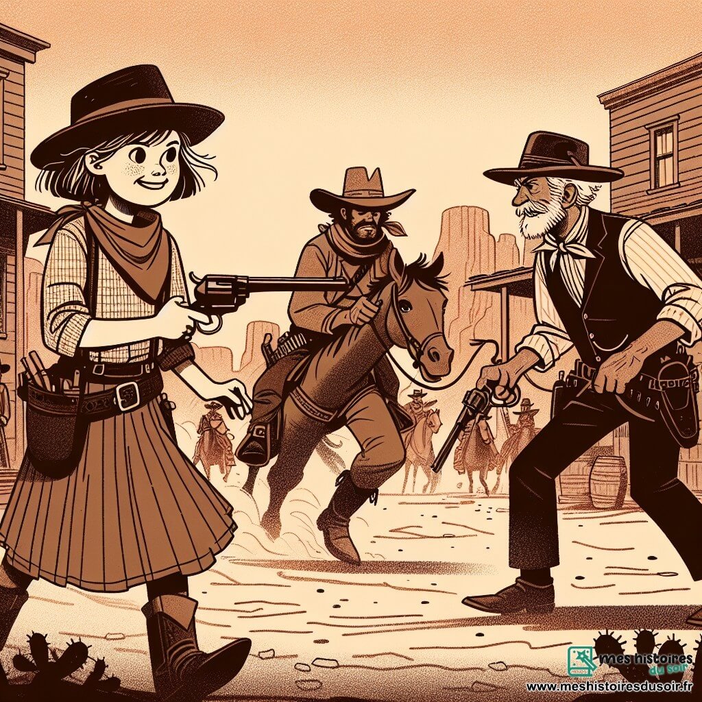 Une illustration destinée aux enfants représentant une jeune cow-girl courageuse poursuivant un bandit redoutable avec l'aide d'un vieux prospecteur sympathique, dans la ville poussiéreuse de Dusty Gulch, au cœur de l'Ouest sauvage de l'Amérique.
