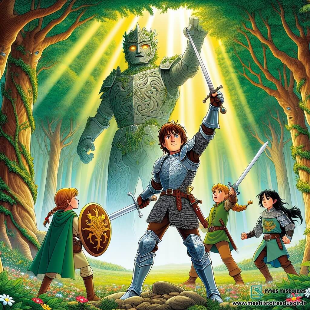 Illustration d'une scène épique dans la forêt de Luminara, où des arbres majestueux aux troncs épais s'élèvent vers le ciel, leurs feuilles vert éclatant filtrant la lumière du soleil et créant des motifs dansants sur le sol fleuri. Au centre, un chevalier d'environ 30 ans, en armure brillante ornée de dragons, se tient fermement, épée levée, prêt à affronter un immense garde de pierre. Son visage déterminé et ses cheveux bruns flottent dans le vent. À ses côtés, deux jeunes chevaliers, une fille de 12 ans aux cheveux blonds tressés et un garçon de 14 ans aux cheveux noirs, regardent avec admiration et inquiétude. La fille, en armure légère, tient un bouclier décoré de fleurs, tandis que le garçon, avec une épée à la ceinture, affiche une expression résolue. Le chevalier se prépare à répondre à l'énigme du garde de pierre, qui, imposant avec des yeux brillants, teste leur valeur. En arrière-plan, des rayons de lumière percent le feuillage, ajoutant une atmosphère magique, tandis que des oiseaux colorés volent au-dessus, témoignant de l'harmonie de la nature. Le sol est parsemé de petites pierres et de racines, accentuant le mystère de la forêt enchantée.
