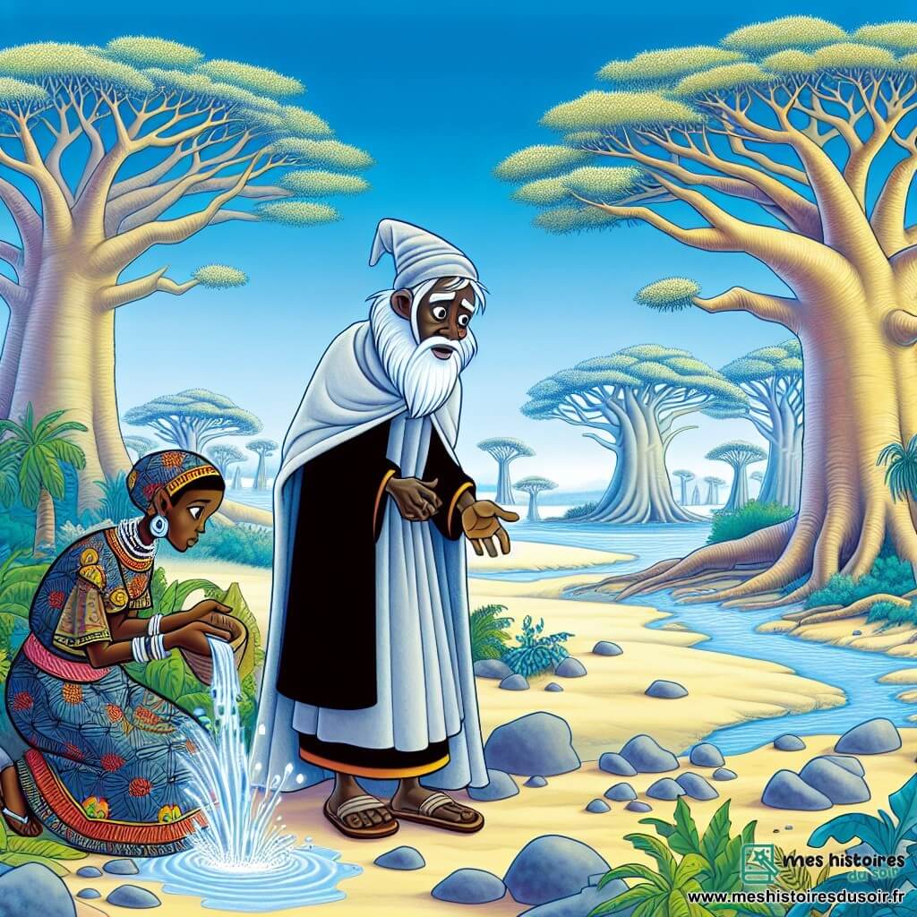 Une illustration destinée aux enfants représentant un pêcheur sage et généreux, confronté à une sécheresse dévastatrice, aidé par une déesse des eaux mystérieuse et bienveillante, dans un village africain entouré de majestueux baobabs aux troncs noueux et aux branches étalées.