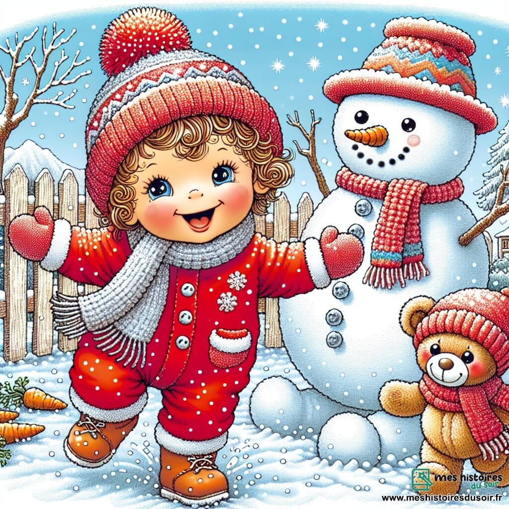 Une illustration sous forme de dessin destinée aux enfants représentant un jardin enneigé dans un petit village, où une petite fille de 1 an avec de grands yeux pétillants et des cheveux bouclés, vêtue d'une combinaison rouge et d'un bonnet en laine, danse joyeusement avec un bonhomme de neige souriant, fait de neige et de carottes, tandis qu'un ours en peluche aux yeux brillants les accompagne, le tout sous un ciel bleu clair parsemé de flocons de neige scintillants, symbolisant la magie de Noël.