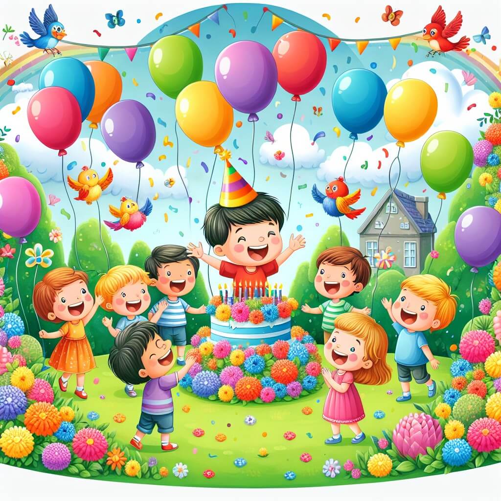 Une illustration destinée aux enfants représentant un petit garçon plein d'excitation, entouré de ballons colorés, dans un jardin enchanté rempli de fleurs multicolores et d'oiseaux chantants, célébrant son anniversaire entouré de ses amis et de sa famille.